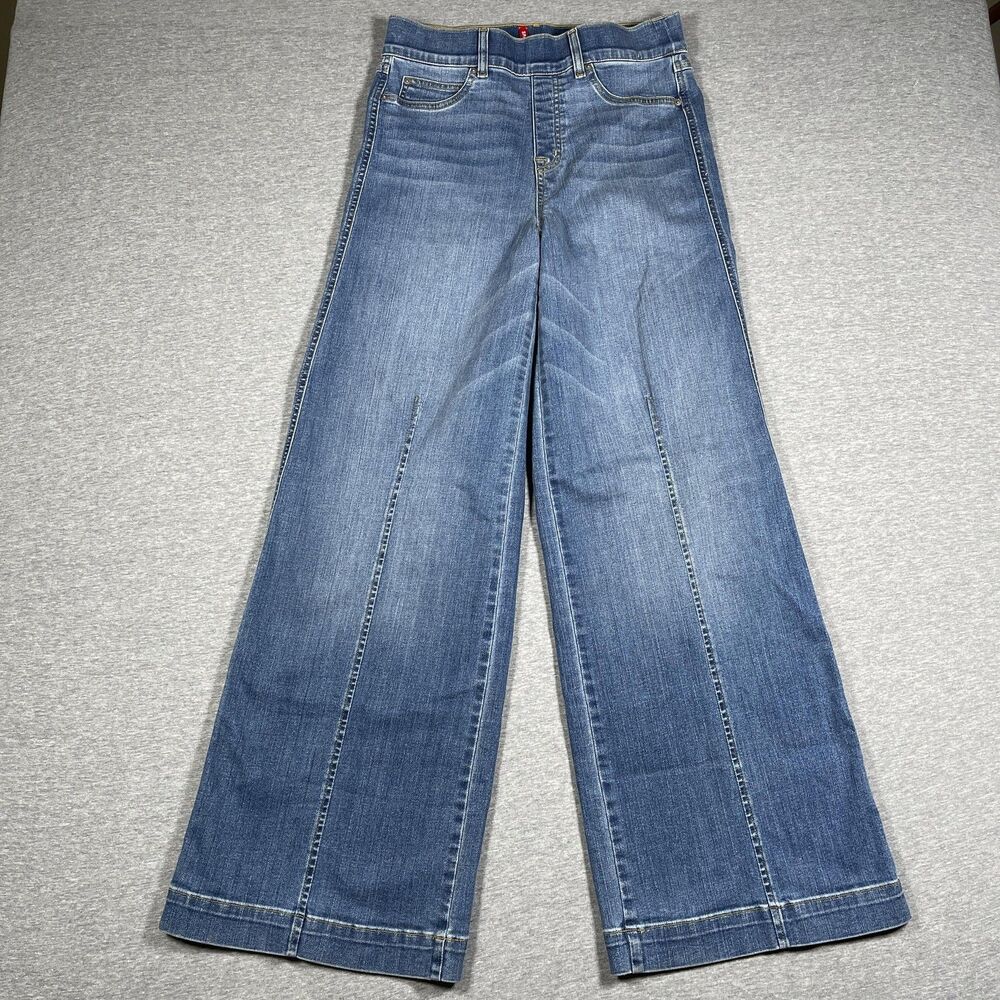 Spanx Jeans Womens M Blue Wide-Leg High Rise Relaxed Flared Denim